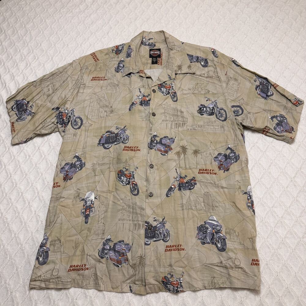 Vtg Harley-Davidson Button Down Shirt Mens L Tan Tori Richard Las Vegas Print
